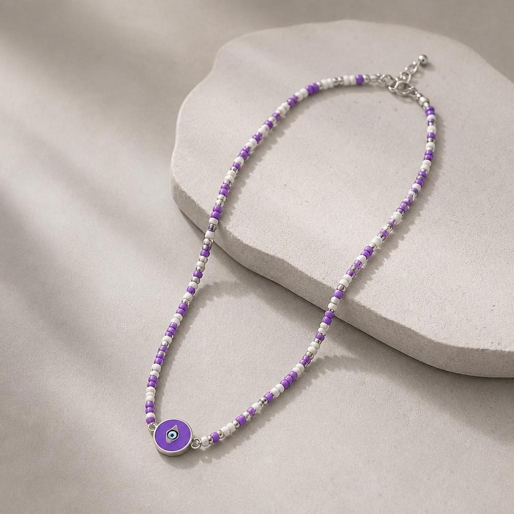 Purple Silver Beaded Evil Eye Necklace Adjustable Clasp Women Jewelry